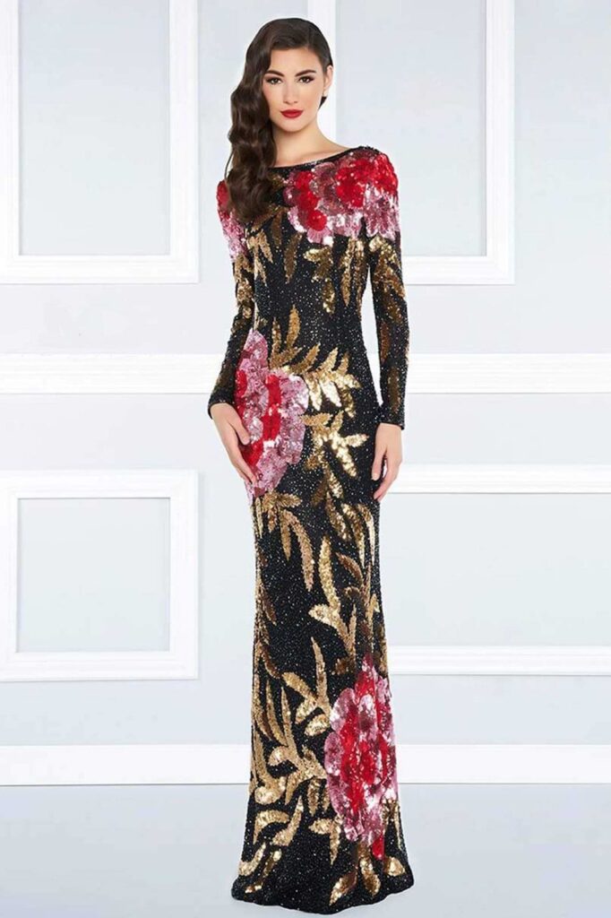 floral patterned sequin gown on clearance sale