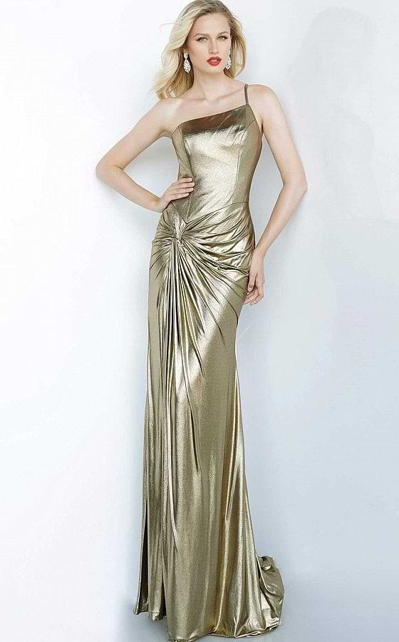 gold prom gown with silver accessories