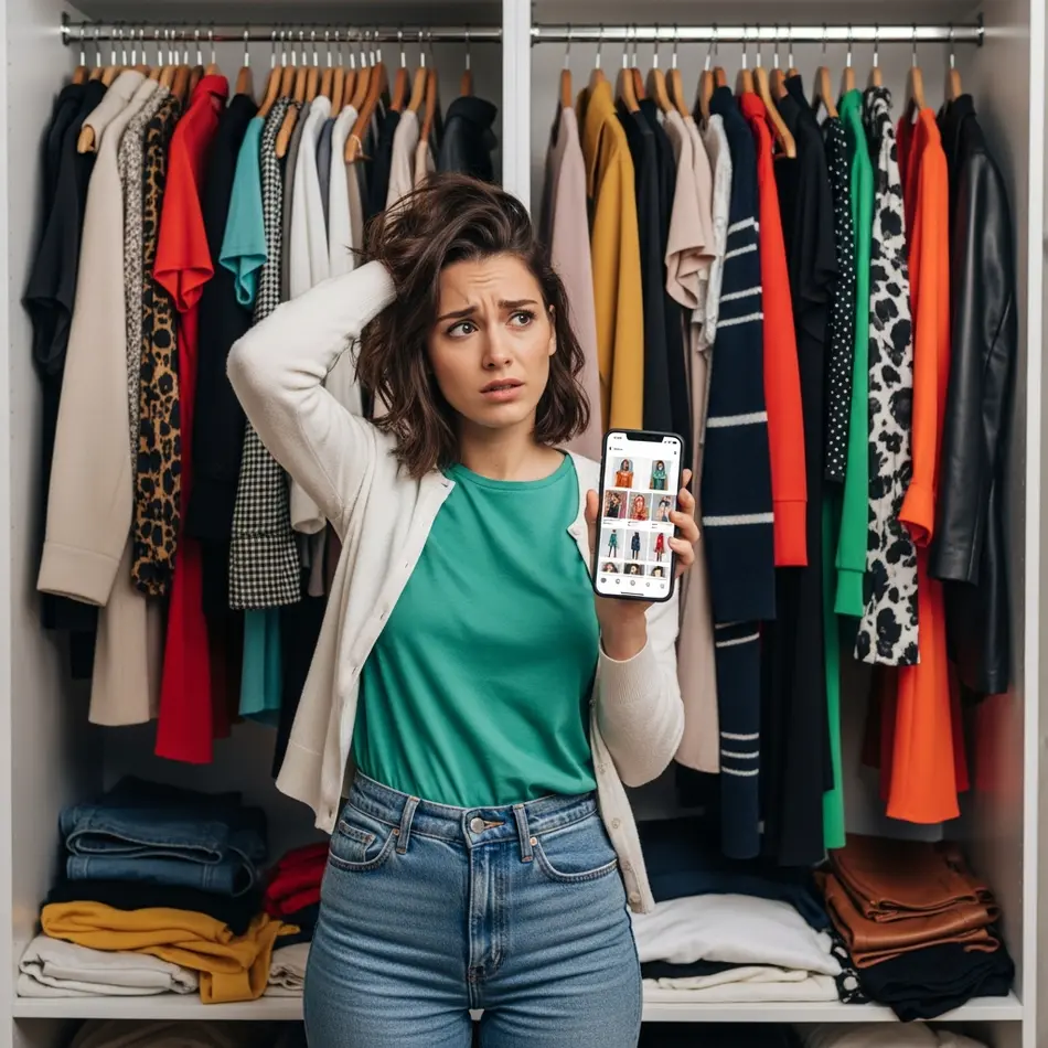 Modern woman feeling overwhelmed by fast-changing fashion trends on social media