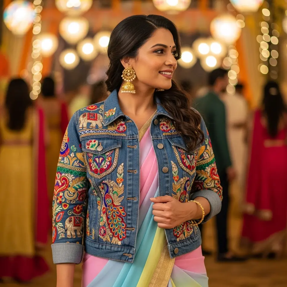 Patchwork or Embroidered Denim with Traditional Sarees - Fashion Newz Room