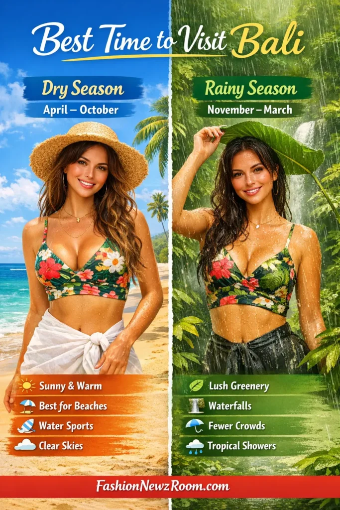 Best time to visit Bali infographic showing dry season vs rainy season with tropical Bali scenery - FashionNewzRoom.com