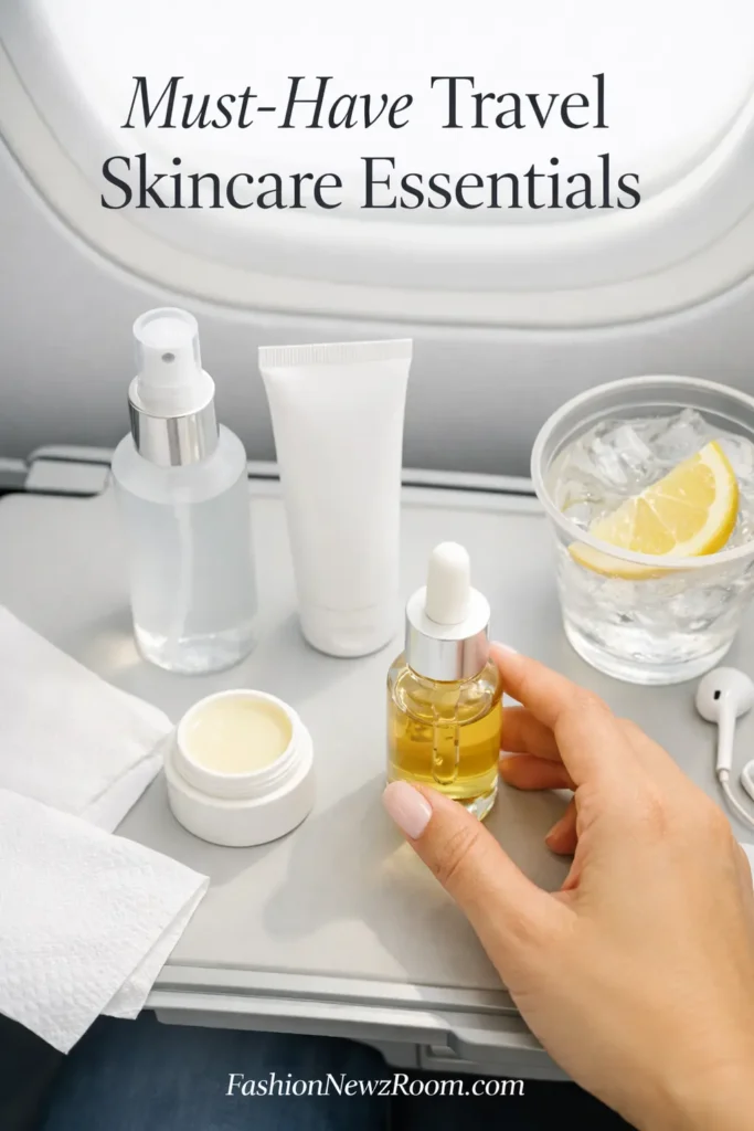 Travel skincare essentials on an airplane tray - FashionNewzRoom.com