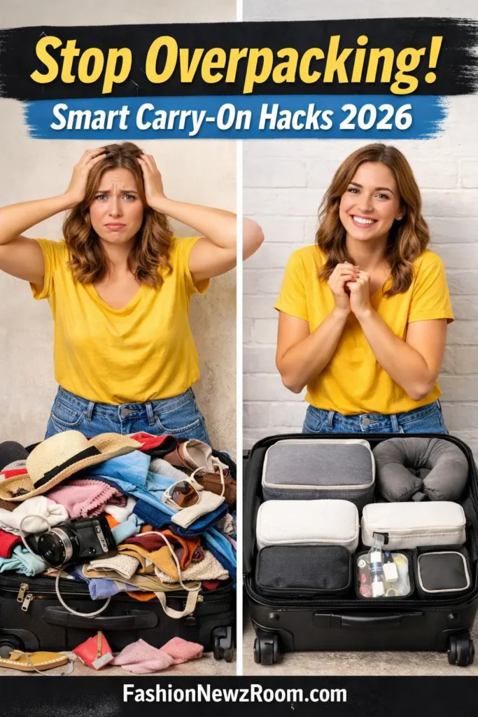 Split image showing a woman struggling with an overpacked messy suitcase on one side and smiling with an organized carry-on using packing cubes on the other, promoting smart carry-on packing hacks for
