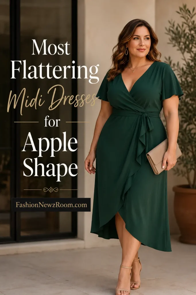 Apple body shape woman wearing stylish midi dress