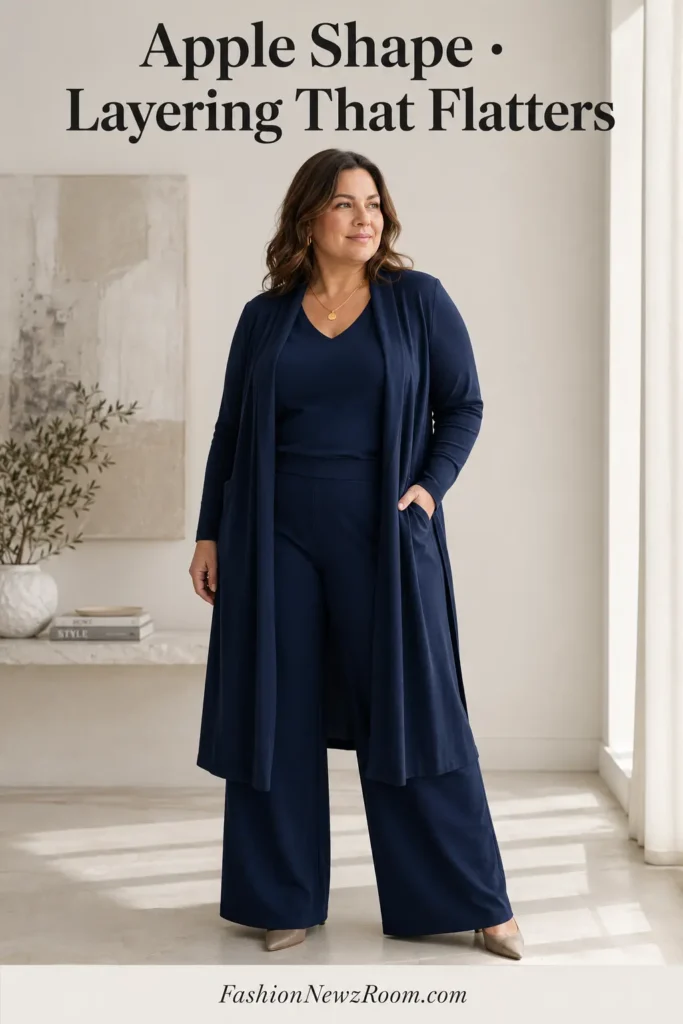 Longline layering outfit for apple body shape