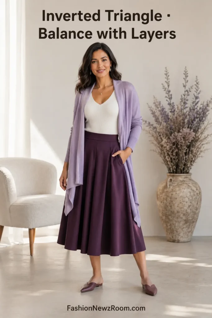 Layered outfit styling for inverted triangle body shape