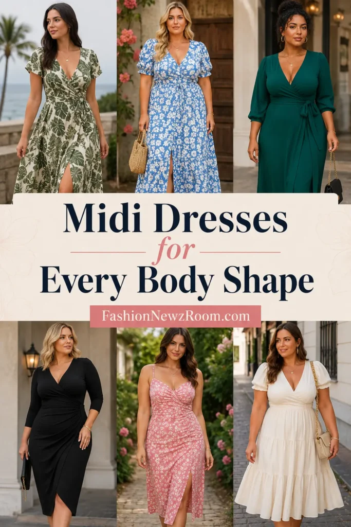 Different women wearing midi dresses for all body shapes