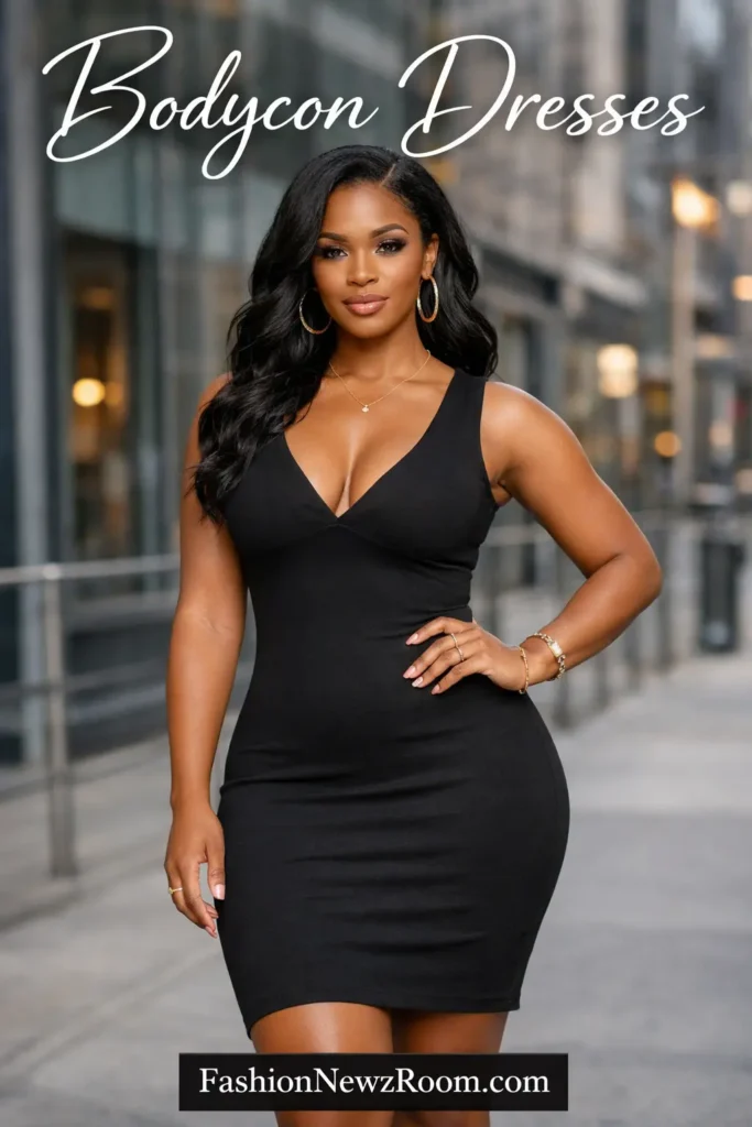 Confident Black woman wearing a fitted black bodycon dress posing in an urban fashion setting