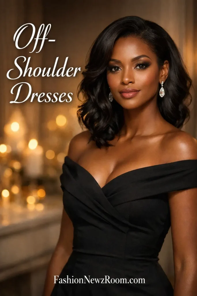 Elegant Black woman wearing a black off-shoulder dress with subtle cleavage, soft ambient lighting