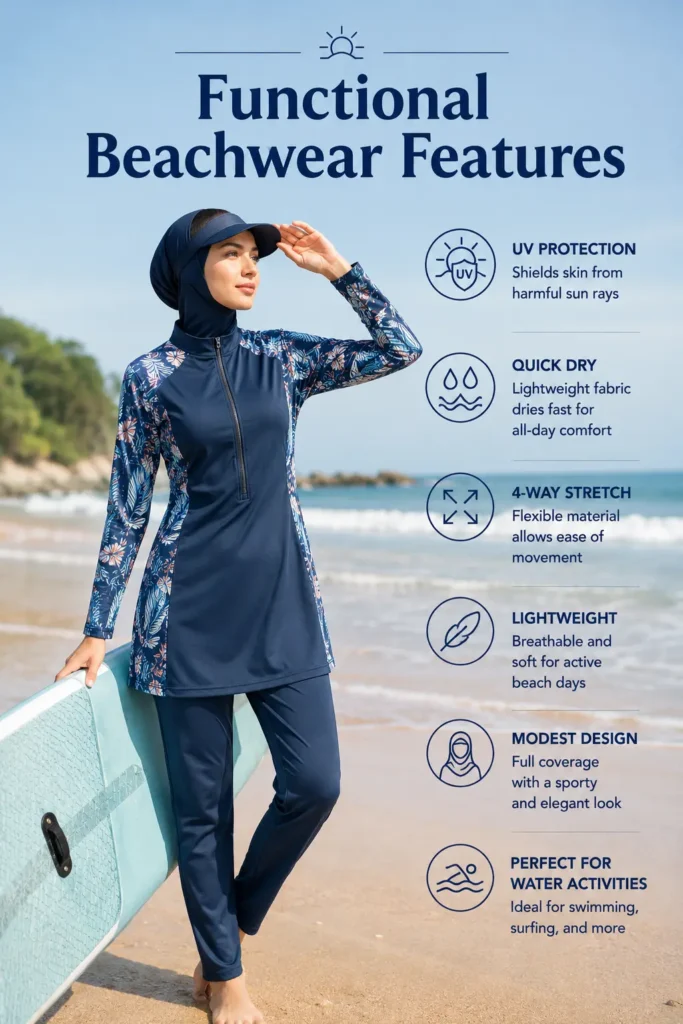 Functional features in modern burkinis and beach kaftans