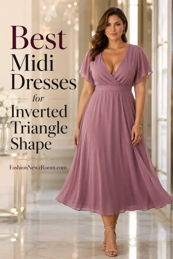 Inverted triangle body shape woman wearing elegant midi dress