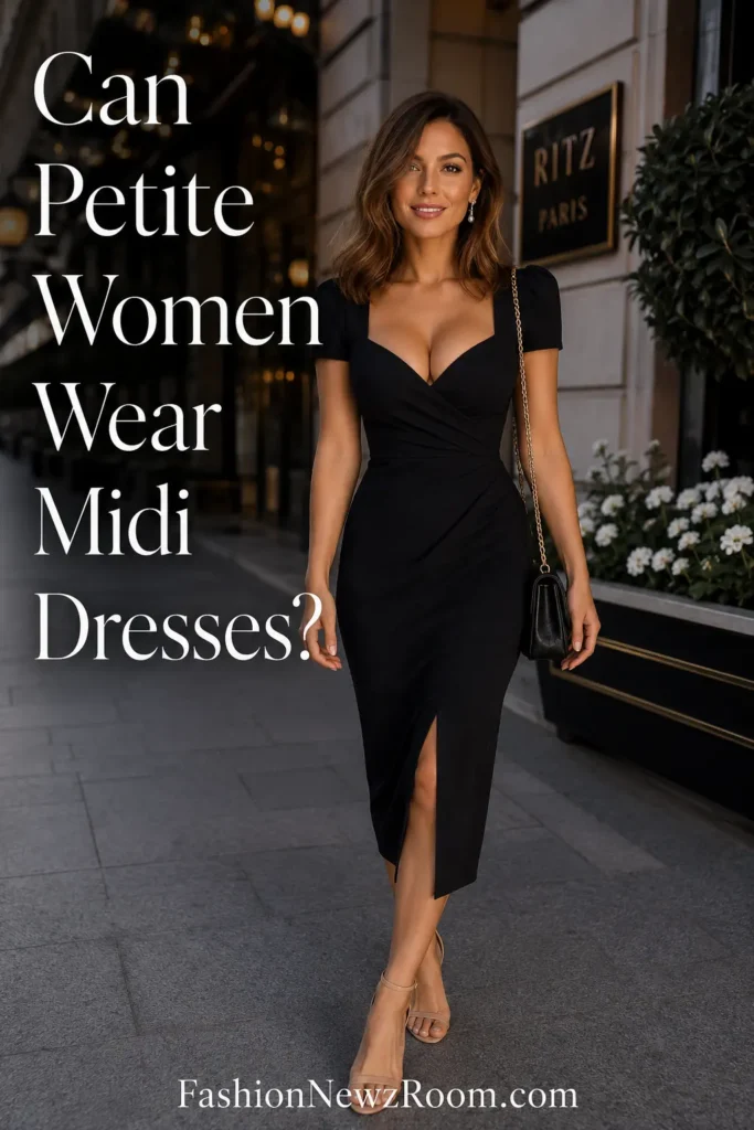 Petite woman wearing flattering midi dress