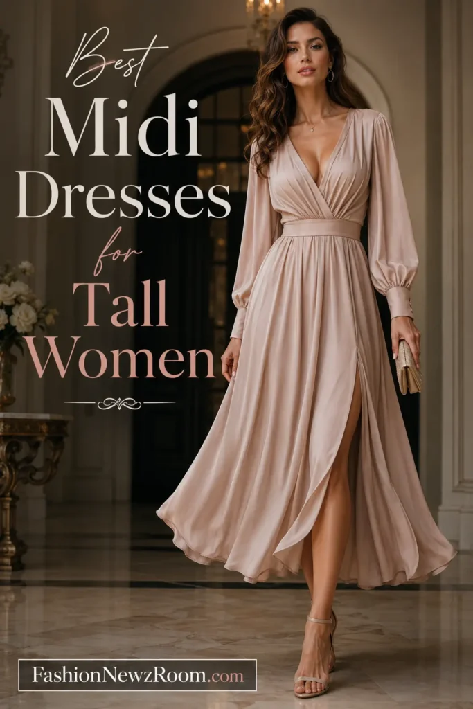 Tall woman wearing fashionable midi dress
