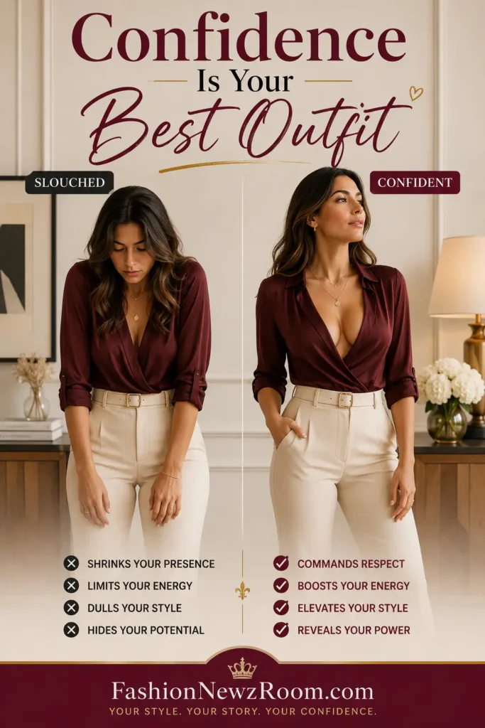 Woman showing confident posture in fashionable outfit