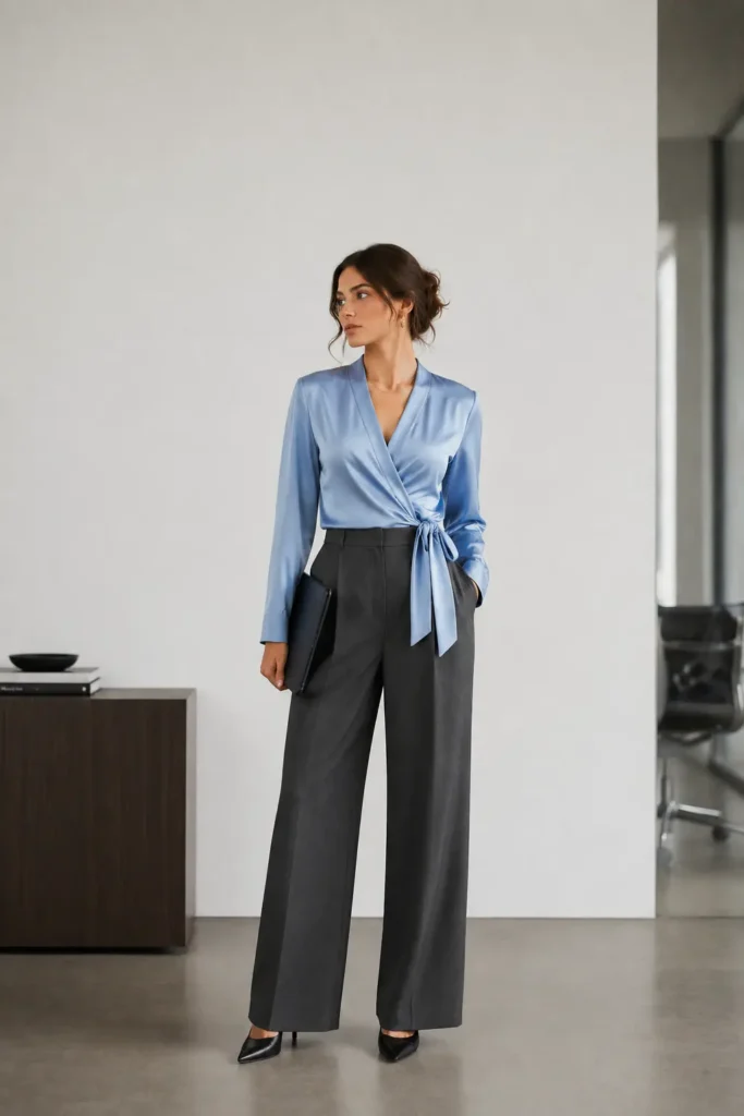 Office wrap top outfit ideas for professional fashion 2026
