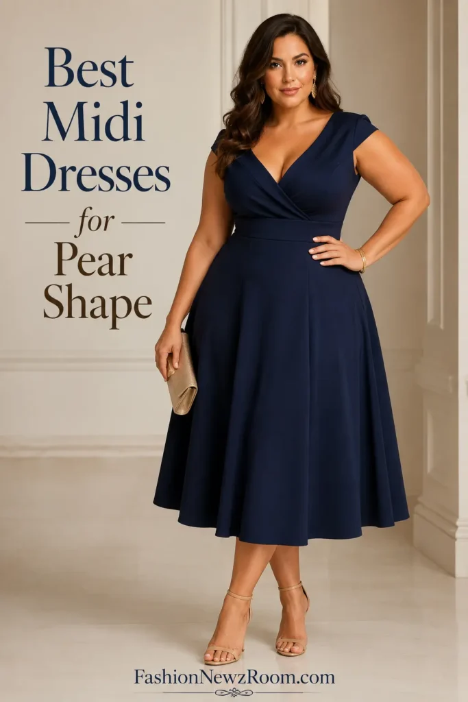 Pear shape woman styling a flattering midi dress