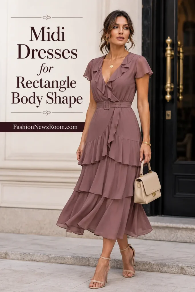 Rectangle body shape styling with fashionable midi dress