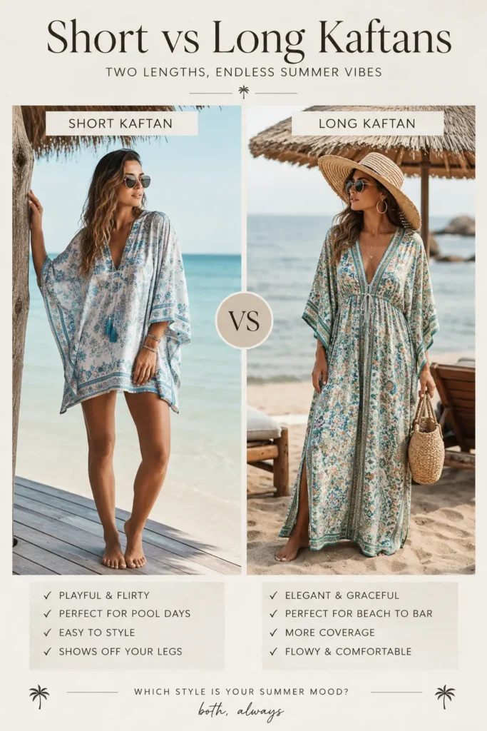 Comparison of short and long kaftan styles for beachwear