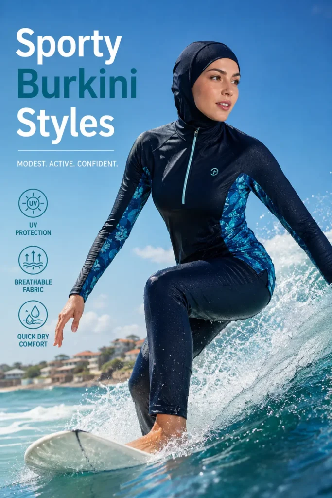 Sporty performance burkinis for active beach and swimming activities