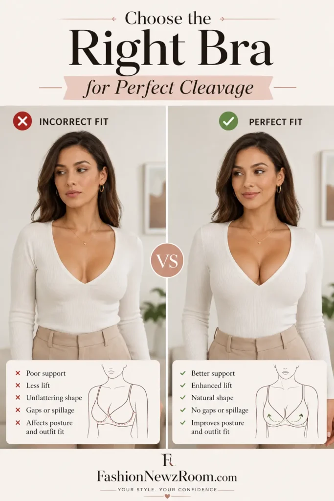 Woman wearing the wrong bra under a low-cut outfit