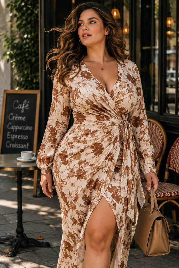 Wrap dress style enhancing curves for curvy women